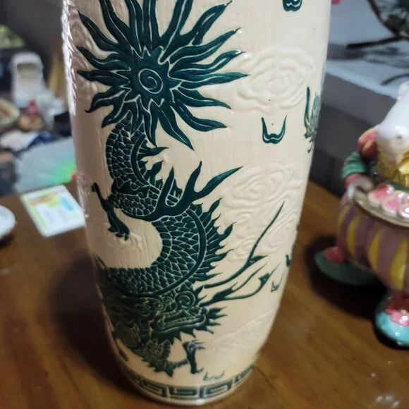 Tall Vintage Oriental Vase with Green Dragon and Peacock